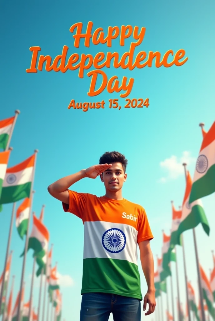 A Adult boy stands proudly under a clear blue sky, celebrating Independence Day on August 15th, 2024. He is wearing a vibrant tricolor T-shirt with his name "Sabir" printed on the back, along with a large image of the Ashoka Chakra. The sky above him features the words "Happy Independence Day 2024" in bold, festive letters. Indian flags are flying around him, and a sense of national pride fills the air as he salutes, symbolizing his love for the country.