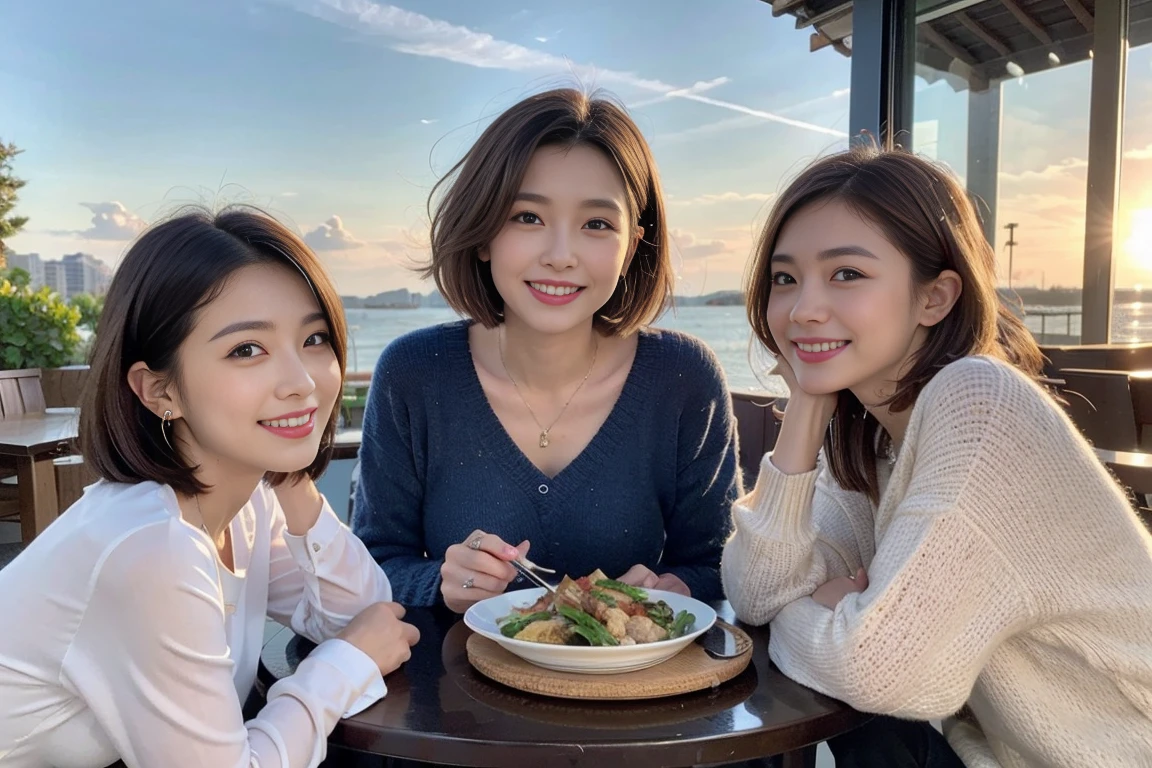 （Realistic:1.1）,(masterpiece,Highest quality)，8k,(49 years old), 53 years old, ベリーslimボディ、slimカップル、Tight waist,Upper Body,full-course dinner、wine 、Amazing view of the sunset sky and clouds、Perfect Anatomy, Brown Hair, short hair,Random Hairstyles,((Highly detailed face and eyes:1.2))，Perfect golden ratio face，Long sleeve shirt、dress,(smile:1.2)、Shortcuts、cute、(Realistic, Intricate details:1.2), A bright smile、short hair,Bright Face、赤wine 、Appetizers、Italian food、wine bottle、Champagne、スパークリングwine、(slimな顔), (The body is slim), (Brown Hair), (Shortcuts),  Upper Body, 白wine, slim, wineグラス, 