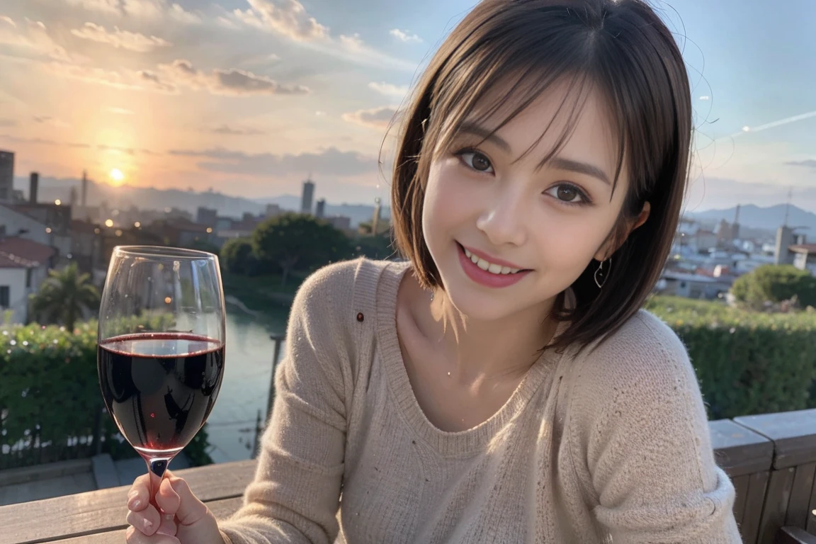 (Realistic:1.1),(masterpiece,Highest quality),8k,(49 years old), 53 years old, ベリーslimボディ、slimカップル、Tight waist,Upper Body,full-course dinner、wine 、Amazing view of the sunset sky and clouds、Perfect Anatomy, Brown Hair, short hair,Random Hairstyles,((Highly detailed face and eyes:1.2)),Perfect golden ratio face,Long sleeve shirt、dress,(smile:1.2)、Shortcuts、cute、(Realistic, Intricate details:1.2), A bright smile、short hair,Bright Face、赤wine 、Appetizers、Italian food、wine bottle、Champagne、スパークリングwine、(slimな顔), (The body is slim), (Brown Hair), (Shortcuts), Upper Body, 白wine, slim, wineグラス,
