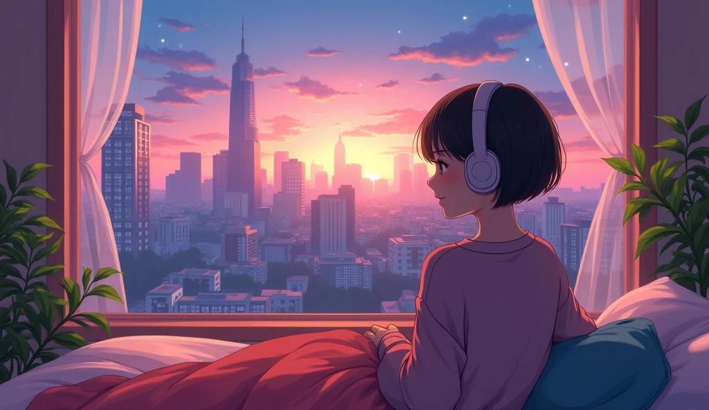 city view outside the window、Anime Style, bright personality、Big Breasts、Shortcuts、Sweatshirt、Lofi music、noon、smile、Headphones、high school girl、Large private room、relax、