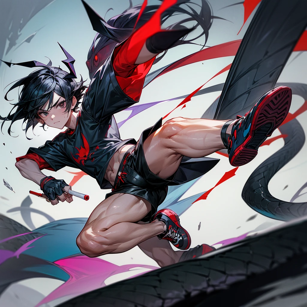 A young man with black hair styled in a saibat style, black eyes, wearing a shirt, shorts, red and black sneakers, holding a dart and throwing it at a snake-like creature with ice-blue horns, a white body, and cold cold.
