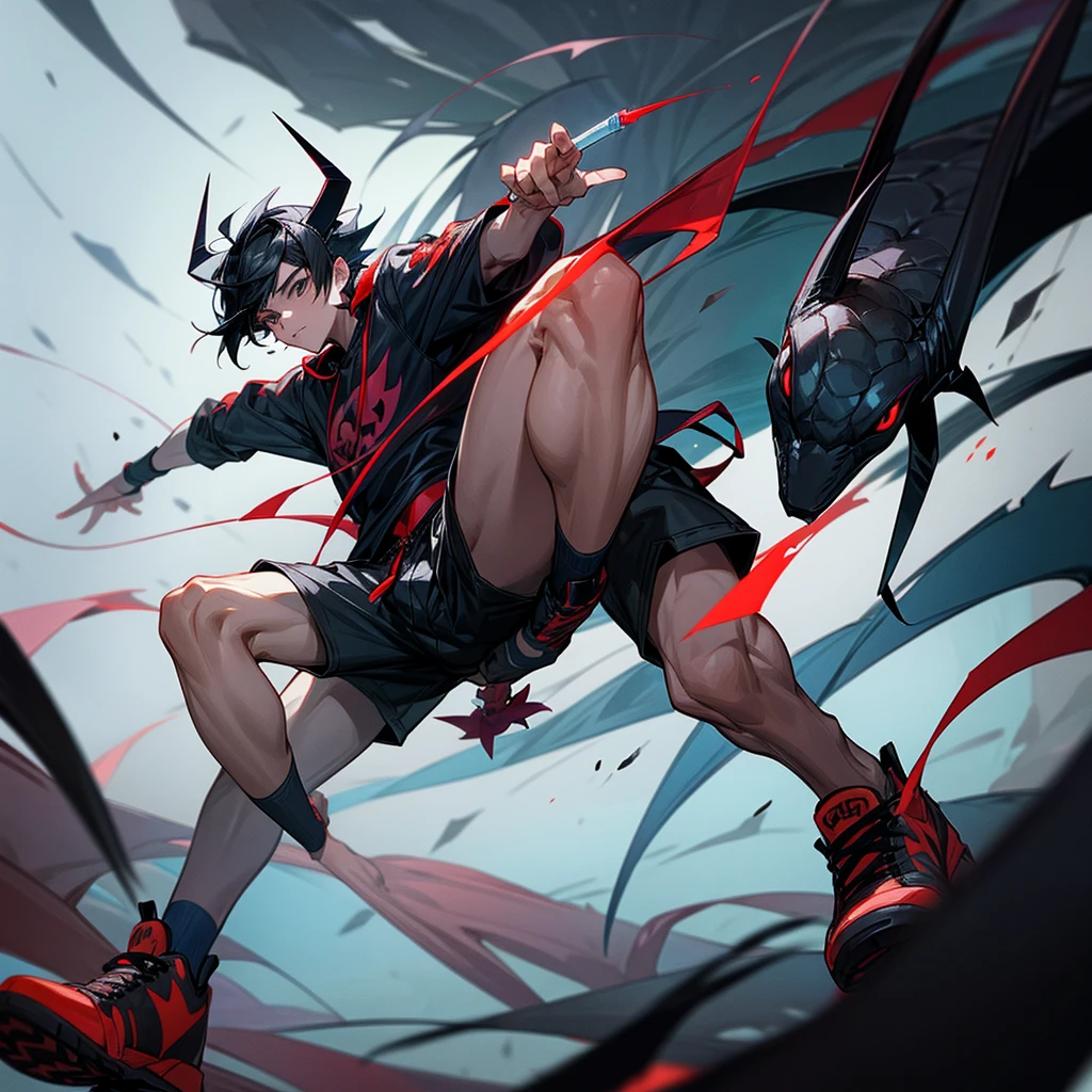 A young man with black hair styled in a saibat style, black eyes, wearing a shirt, shorts, red and black sneakers, holding a dart and throwing it at a snake-like creature with ice-blue horns, a white body, and cold cold.
