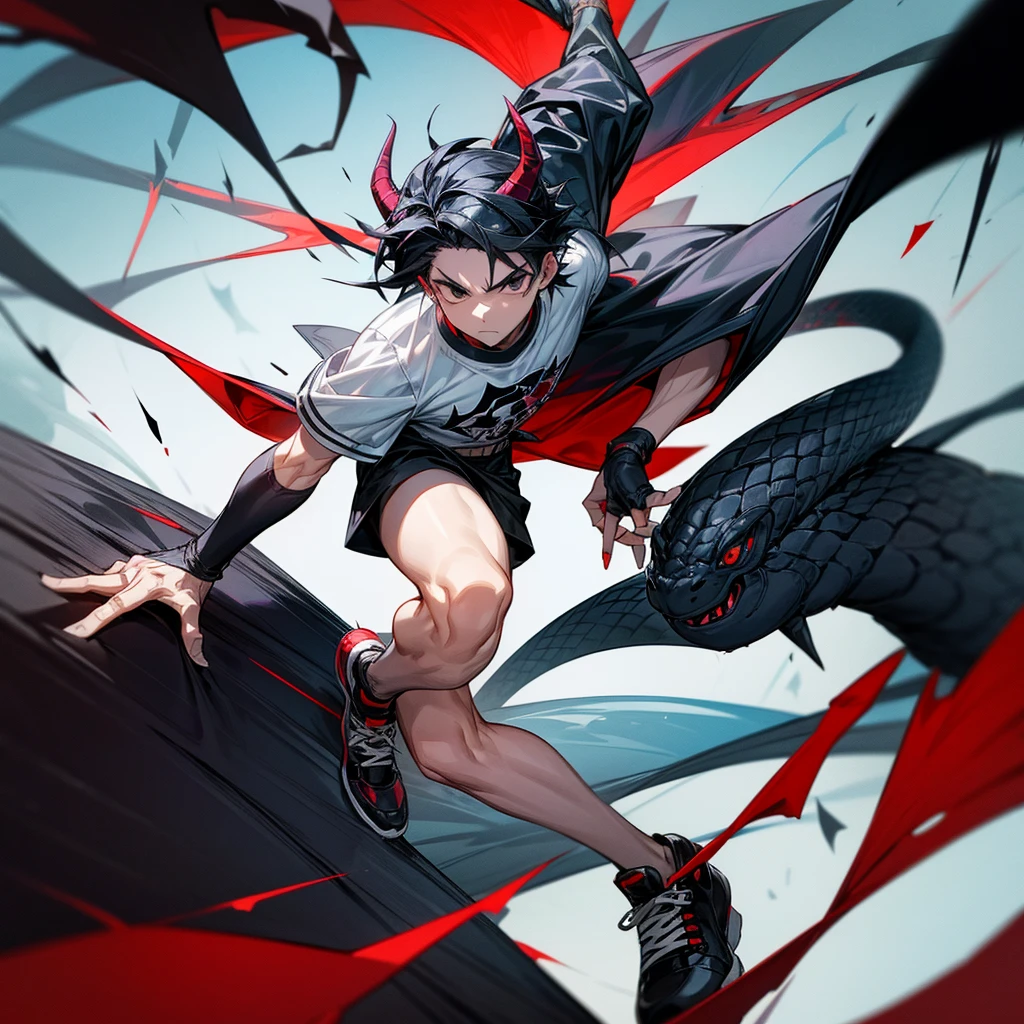 A young man with black hair styled in a saibat style, black eyes, wearing a shirt, shorts, red and black sneakers, holding a dart and throwing it at a snake-like creature with ice-blue horns, a white body, and cold cold.