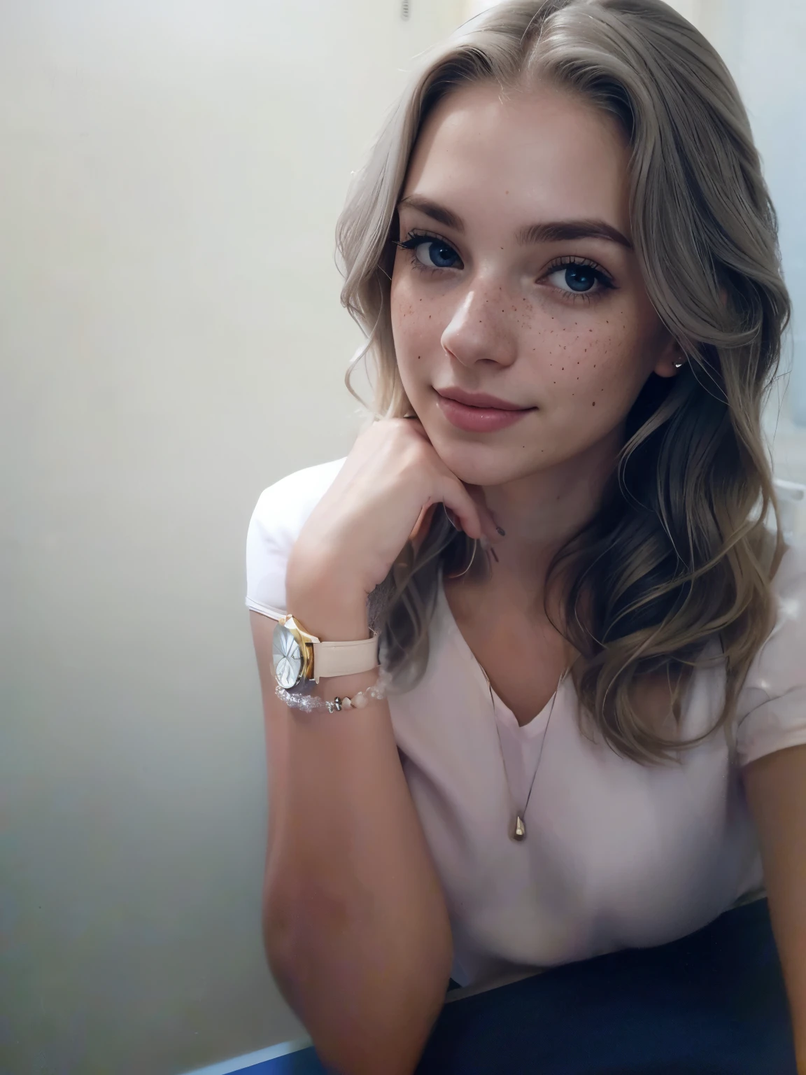 Face of a woman, americana, age 25, pale skin and freckles, grey-eyed, delicate nose, soft and delicate lips, Long Wavy Gray Blonde Hair, Sweet smile, cabelo solto e cheio