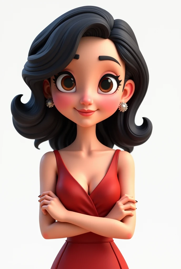 Cartoon 3d, adult woman, shoulder-length black hair, round brown eyes, formal dress, transparent background