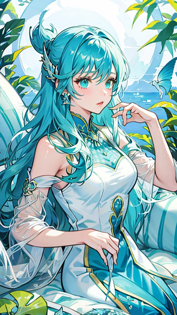 Alone，woman，mermaid，Sky blue and light green fish tail