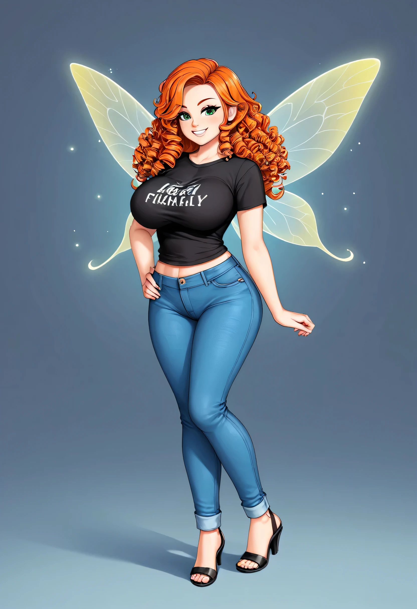 a full body image of a fairy, with long, curly orange hair, she has green eyes, she is smiling, she has large breasts and she is wearing blue jeans and an all black t-shirt