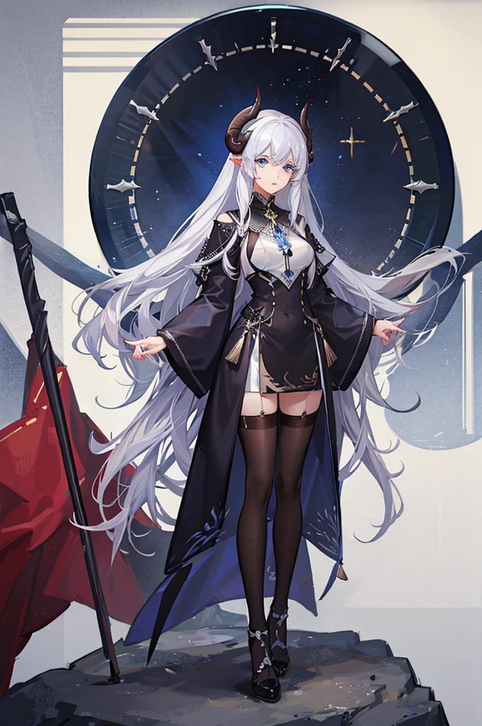 highest quality, masterpiece, high resolution, 1 person, female, silver hair, long hair, blue eyes, bored face. distinct eyes, side, big eyes, Eyelashes, eyeliner, white Uniform, black hairpin, Sheep Horn, huge breasts, priest, praying