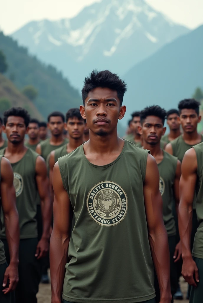 advertisement for nepali youth from pokhara training for british soldiers selection where candidates are training in line wearing sleveless tshirts written salute gorkha training center