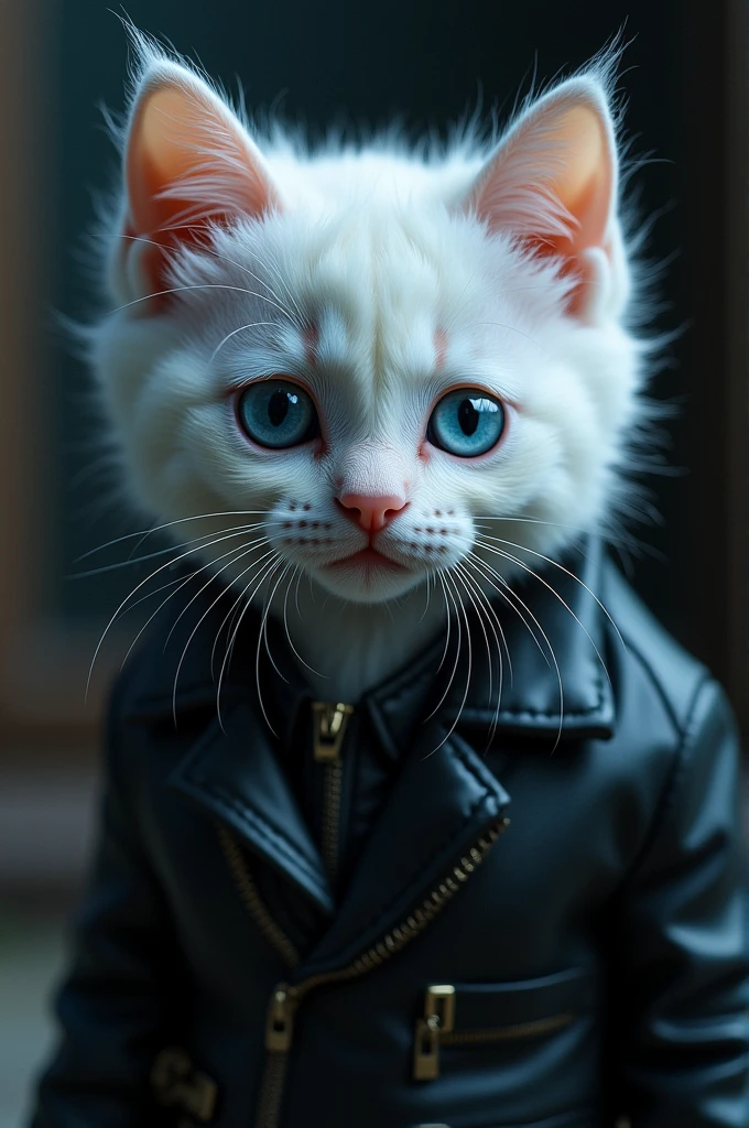 a white kitten, blue eyes, in a black leather jacket, beautiful detailed eyes, beautiful detailed face, extremely detailed fur, cute expression, dynamic pose, high quality, 8k, photorealistic, detailed lighting, dramatic shadows, cinematic composition, moody atmosphere, cool color tones