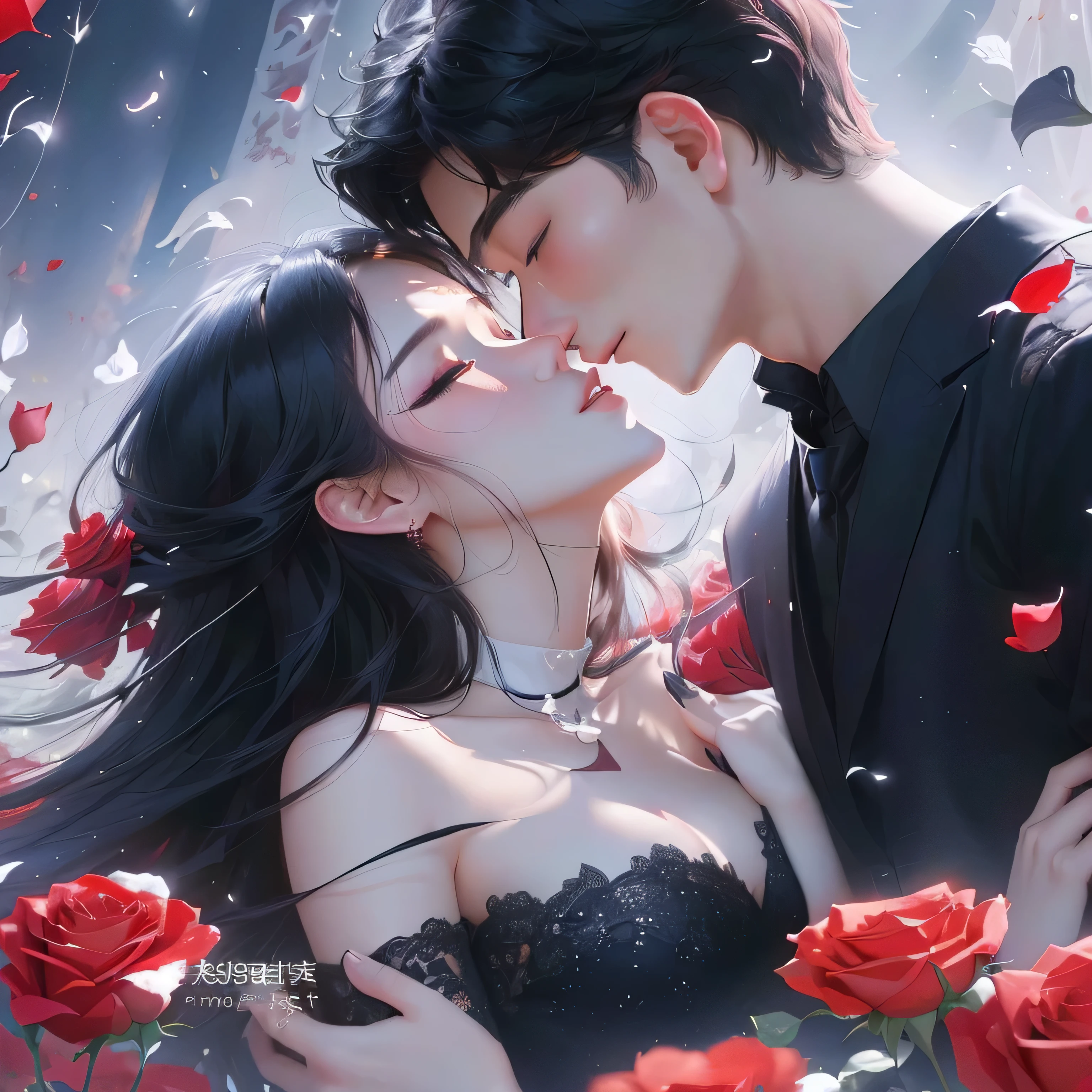 Cartoon couple kissing in a red rose field, author:Yang J, Art style, Li Song, Ghost Festival, Popular on cgstation, author:unbelievable, Cute couple, Popular trends on artstration, romantic couple, romantic, Gu Weiss, 8k)), Beautiful digital illustrations, author:Ye Xin, High Detail)