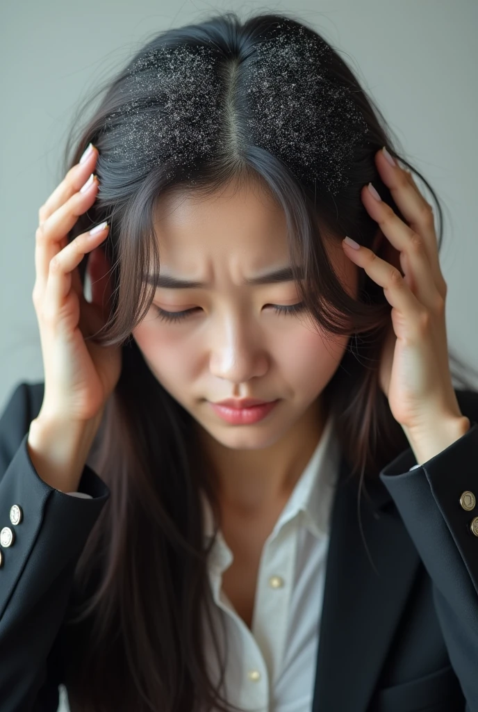 Create an Asian long-haired beauty,Wearing white business attire,Scratching the scalp with both hands,There is a lot of dandruff on the top of the head,White fine dandruff on the top of the head,The expression is unhappy,The characters are realistic and realistic,Office Background,9:16 frames,Ultra-high-definition picture quality
