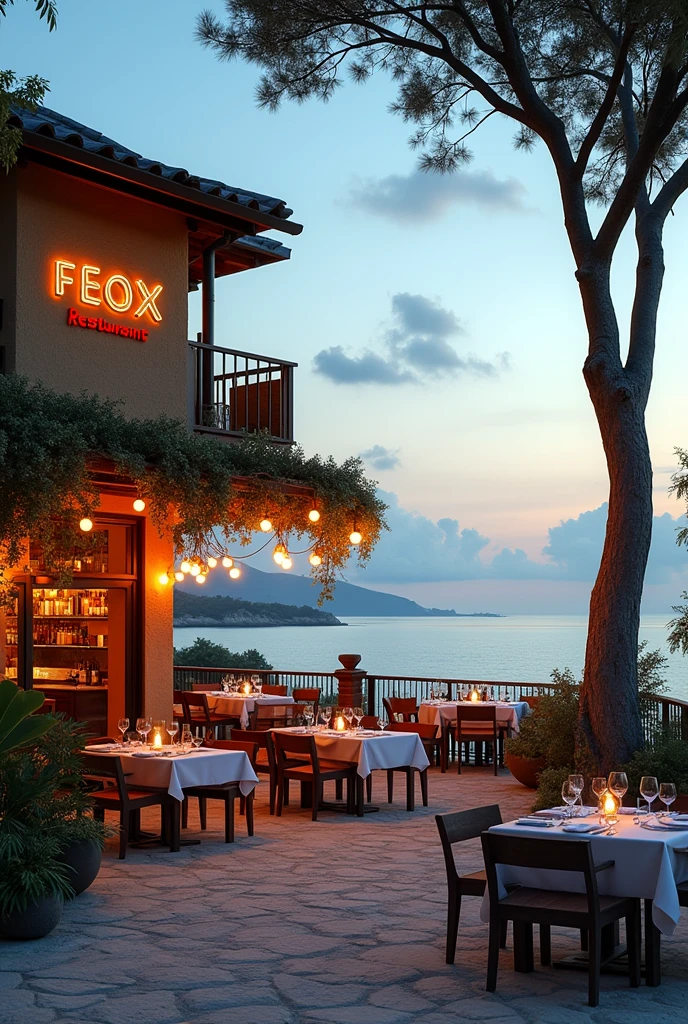 A restaurant by the sea with a sign that says the name F E O X