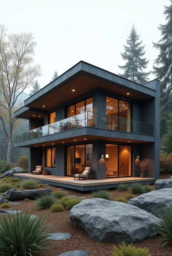 Make a modern house with a rustic style ,
with 2 floors and with the following materials
dark gray concrete
white concrete
fir wood
rock