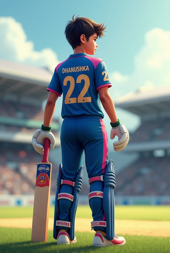 A 21 years boy hands up with cricket bat in his one
hand
the ground and wearing a blue and pink
t shirt
and back side number is 22 and back side Name is Dhanushka