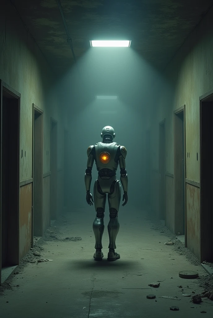 Unit-47 Alone in the Empty House: A wide shot of the house, now dark and silent, with Unit-47 standing in the middle of an empty room. The absence of the scientist is palpable, and the robot’s loneliness is conveyed through the desolate surroundings.