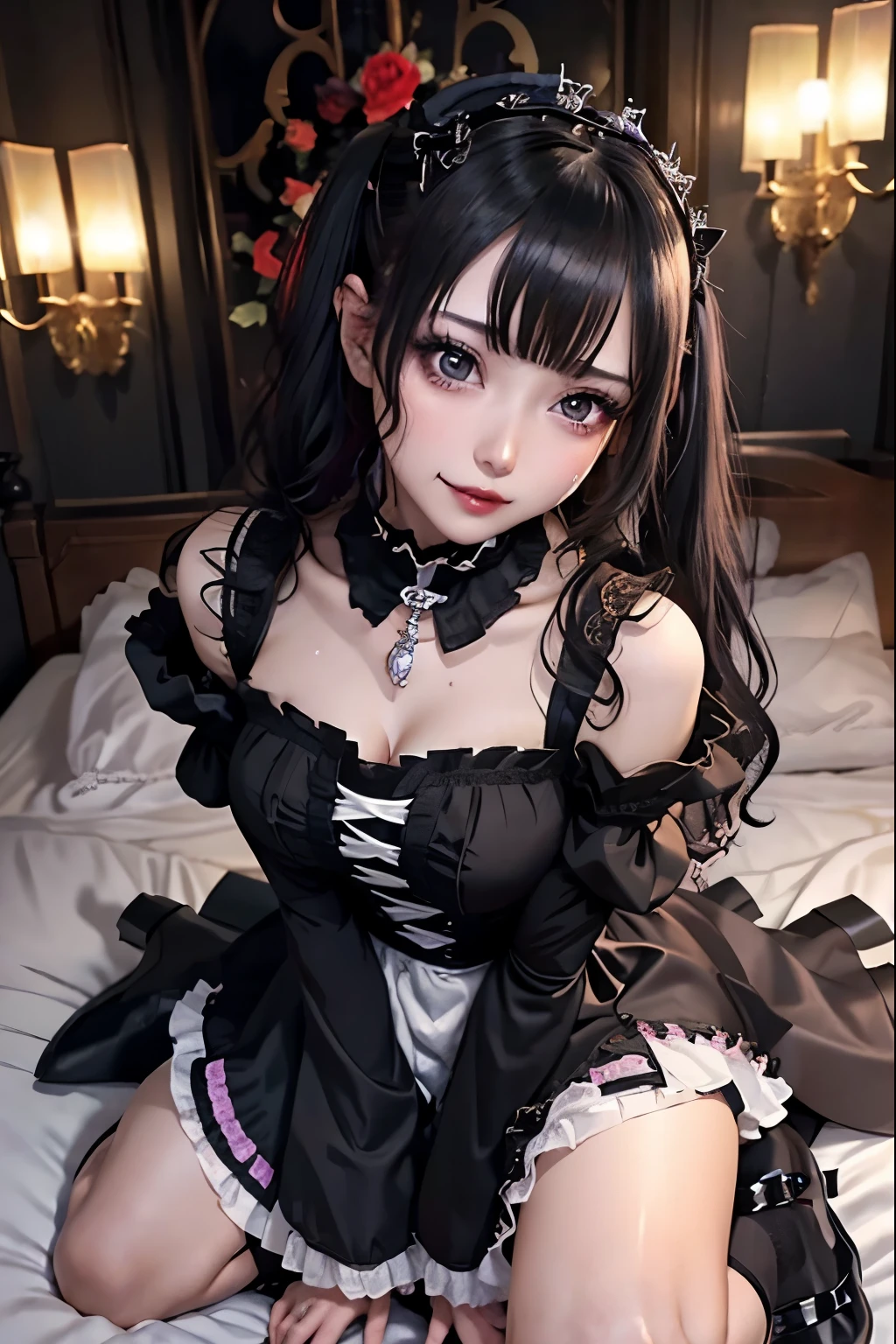 ハードなDark Gothicメイク、Black dark eyeshadow、sad、Good skin radiance、Dark Gothicメイク、Dark smile、palace、The beauty of fragrance、24-years-old、Expressions of intense sexual pleasure、Embarrassed look、Dark Gothic、Highest quality、Expression of sexual pleasure without pain、Drunk face、Purple maid outfit、mysterious、noble、Loving smile、Twin tail hair、Right eye is blue、Left eye is red、Super tempting pose、Platform heel shoes、Heavy makeup、Gothic Lolita Clothing、Silver Hair、Long Hair Straight Hair、Cute Gothic Lolita Dress、Beautiful Face、Elegant face、Attractive face、Stained glassの背景、Chest glistening with sweat、The room is dark、goth long dress、Bell Sleeves、Wizard Sleeve、Decadent look、Sexually excited expression、Wet shiny thigh water、Thighs that are wet and shiny with oil、Background of a room full of roses、Sad look、Rose Maiden、The embroidery is pink、The dress has pink embroidery.、Thigh-high socks、Knee-high socks、Gentle expression、Dark black eyeshadow、Stained glassとバラの背景、Thighs are a little thin、Female Duo、Female couple、dark church background、Stained glass、Black metal world、Dark Castle、Dark Room、Slender body、gothic long dress、Victorian dress、Small breasts、With a glass of wine in your right hand、With a lantern in his left hand、The bed is covered with roses、Her thighs are shining with sweat、My body is wet and shiny、There is a lot of glitter on the thighs、I am sweating、My thighs are sticky with sweat.、My thighs are glistening with sweat、My whole body is sweaty and shiny、I sweated a lot.、My thighs are sweaty、My wet thighs are glistening with sweat.、There is a lot of sweat shining all over my body、Slender body、I rest my head on the pillow、Sleeping in bed、Beautiful legs、Outstretched legs、Lying in bed、Lying on your back in bed、On all fours、Knee Up、Kneel、Put your arms behind your back、Kneeling on the bed、Super beautiful straight hair、Straight hair to the ends、Straight Perm Hair、Show off your glamorous thighs、Sit on the bed、Ass on the bed、Sitting with legs wide apart、Thighs are a little glamorous、