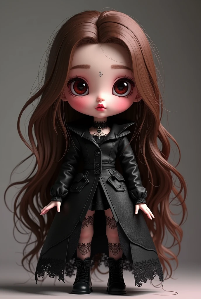Masterpiece Chibi Gothic Vampire Doll,   One girl, Virtual YouTuber, Long Hair, Brown Hair, forehead,Showing his forehead,whole body, View your viewers, forehead,Brown hair detailed and essential, High resolution