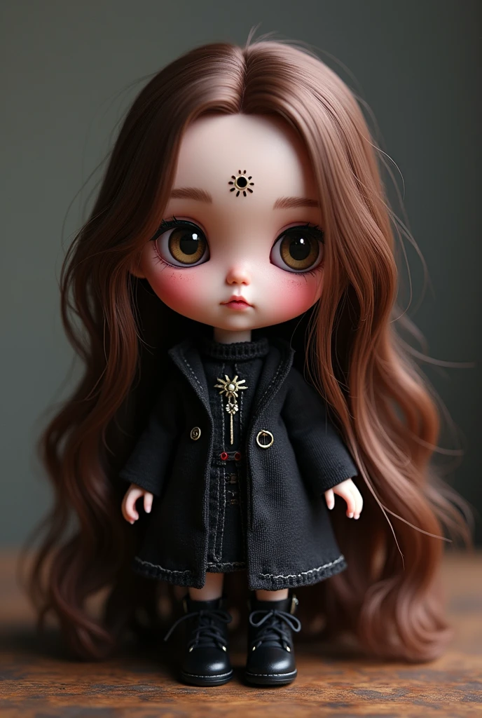 Masterpiece Chibi Gothic Vampire Doll, One girl, Virtual YouTuber, Long Hair, Brown Hair, forehead,Showing his forehead,whole body, View your viewers, forehead,Brown hair detailed and essential, High resolution