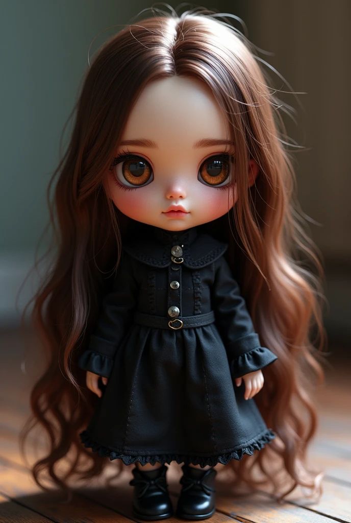 Masterpiece Chibi Gothic Vampire Doll, One girl, Virtual YouTuber, Long Hair, Brown Hair, forehead,Showing his forehead,whole body, View your viewers, forehead,Brown hair detailed and essential, High resolution