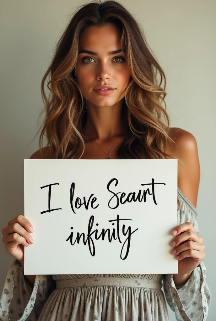 Beautiful girl with wavy long hair, bohemian dress, holding a white board with text "I Love Seaart Infinity" and showing it to the viewer