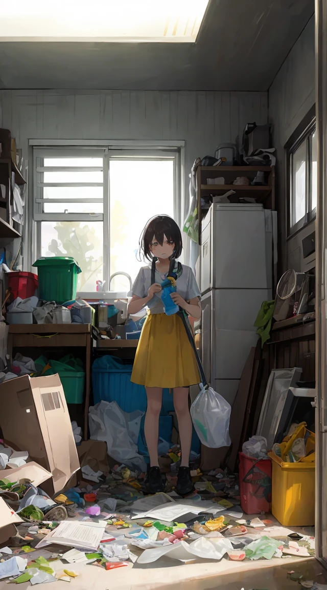 This illustration is、Cute  standing in a room full of garbage、It depicts a moment of rage over a situation。She、Holding the cleaning tool in your hand、Its eyes are burning with anger。Among them、Old magazines、leftover food、Filled with unused appliances。 however、The most notable is、She gives off「High Energy Body in Final Mystery」Is。This energy body is、Released from her body、Has the power to erase garbage in a room in an instant。ha、emit a pale ligh light is in the corner of the room々Delivered to。 This moment、Garbage burns out、The room becomes clean in an instant。 Eta、At its heart is、Anger subsides、Girl with satisfied expression standing。