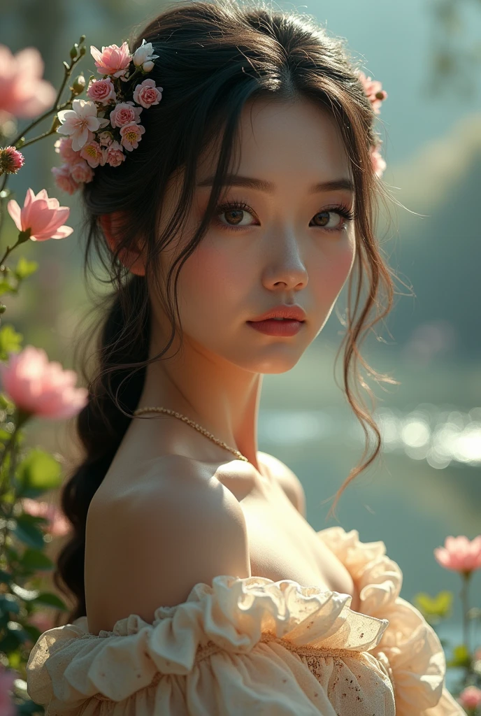 (masterpiece), (extremely intricate:1.3), (realistic), portrait of a girl, the most beautiful in the world, model  ), floral reflections, upper body, outdoors, intense spring, far away kingdom, professional photograph of a stunning woman detailed, sharp focus, dramatic, award winning, cinematic lighting, octane render  unreal engine,  volumetrics dtx, (film grain, blurry background, blurry foreground, bokeh, depth of field, spring, motion blur:1.3), chainmail