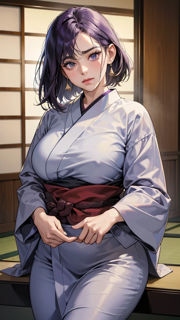 (absurdres, highres, ultra detailed),masterpiece,best quality,high resolution,8k,Realistic face,Realistic skin texture,magnified textures, stunning clarity,(ultra detailed eyes and face),(1 woman:1.5),45 years old,dark purple hair,side parted,short hair,(wrinkles skin:1.1),(disgusted:1.2),monolid eyes,bulging nose,Manager of Onsen Ryokan,gray kimono,plump body type,Lobby of Japanese Ryokan,Inside the reception counter,look at viewer