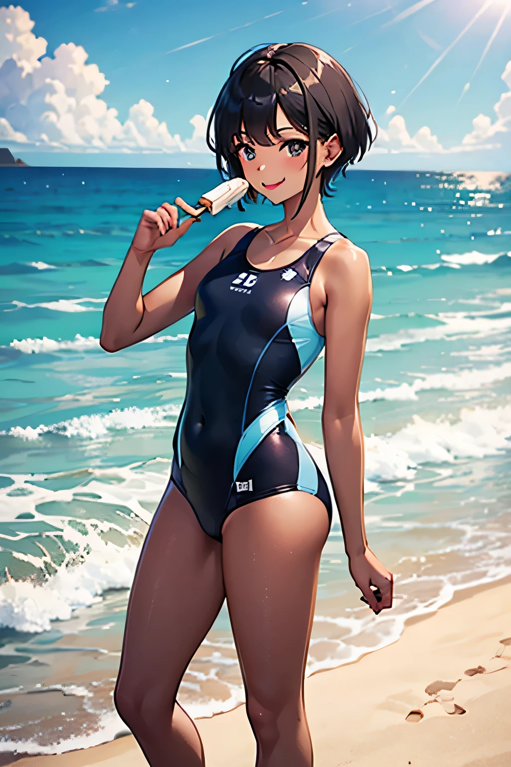 Ocean,Young Woman,Height 175cm,Are standing,Small Head,(Provocative smile),Eating ice cream,Showing tongue,short hair,Black Hair,(White swimsuit),(Chocolate brown skin).