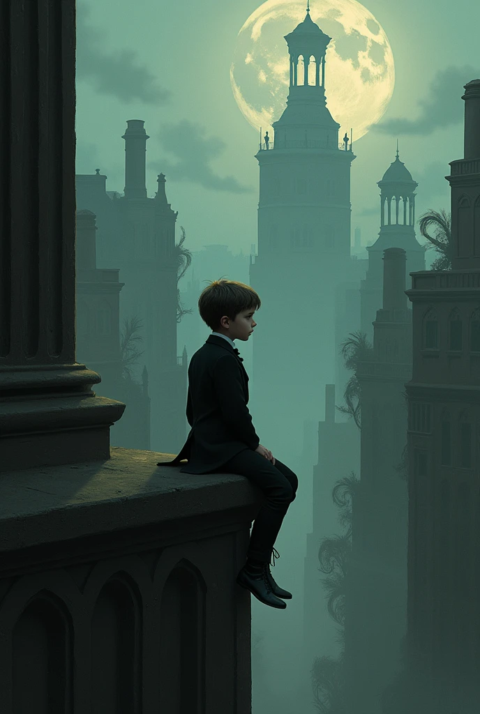 A boy dressed in a Victorian-era suit sits on top of a building watching a world without logic. Let it be dark fantasy aesthetic 