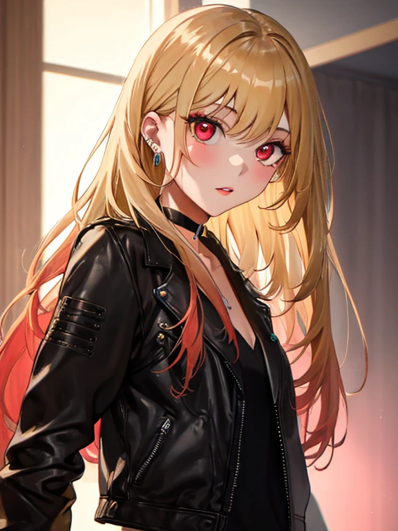 Black Leather Jacket, kitagawa marin, One girl, Blonde Hair, Long Hair, Multicolored Hair, Red eyes, jewelry, Earrings, Earrings, Black choker, uhd, retina, masterpiece, ccurate, anatomically correct, textured skin, super detail, high details, high quality, best quality, highres, 4K