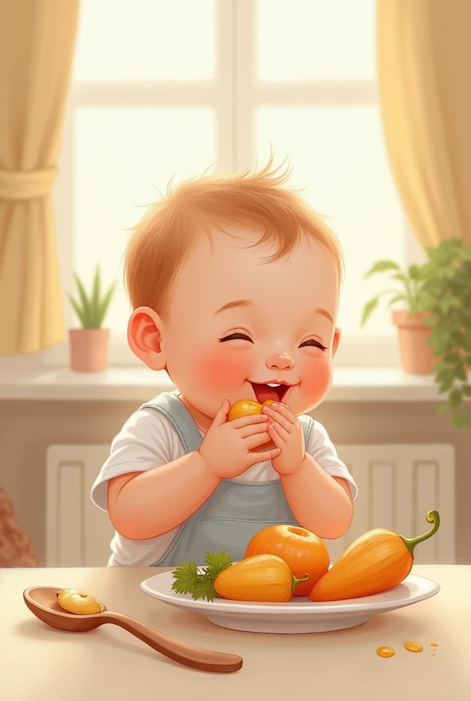 Illustration of a baby eating baby food Warm atmosphere Peaceful atmosphere