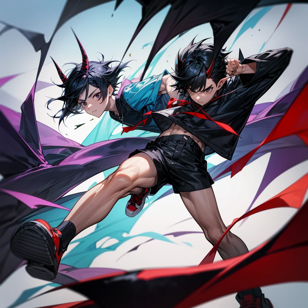 A young man with black hair styled in a saibat style, black eyes, wearing a shirt, shorts, red and black sneakers, holding a dart and throwing it at a snake-like creature with ice-blue horns, a white body, and cold cold.