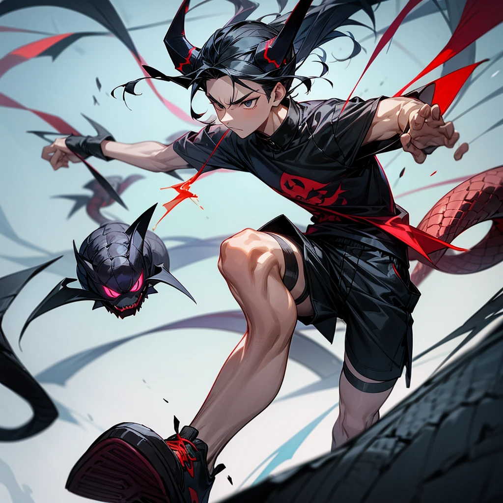 A young man with black hair styled in a saibat style, black eyes, wearing a shirt, shorts, red and black sneakers, holding a dart and throwing it at a snake-like creature with ice-blue horns, a white body, and cold cold.