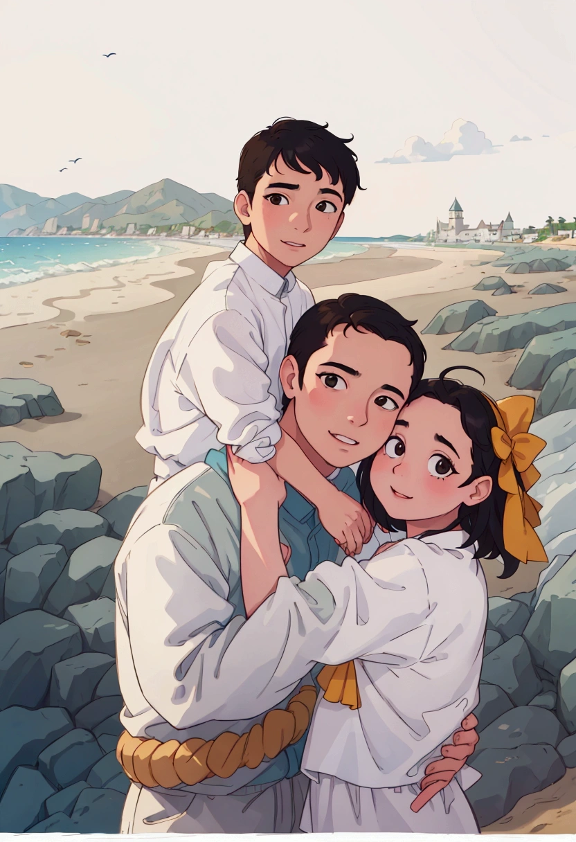 (best quality:0.8) perfect anime illustration, arafed family portrait at the beach with a boy on his shoulders, husband wife and son, portrait of family of three, happy family, by Matt Stewart, family photography, family photo, photo pinterest, by Silvia Pelissero, family portrait, instagram photo, by Matija Jama, illustration!, profile image, set photo, cute photo, beautiful shot
