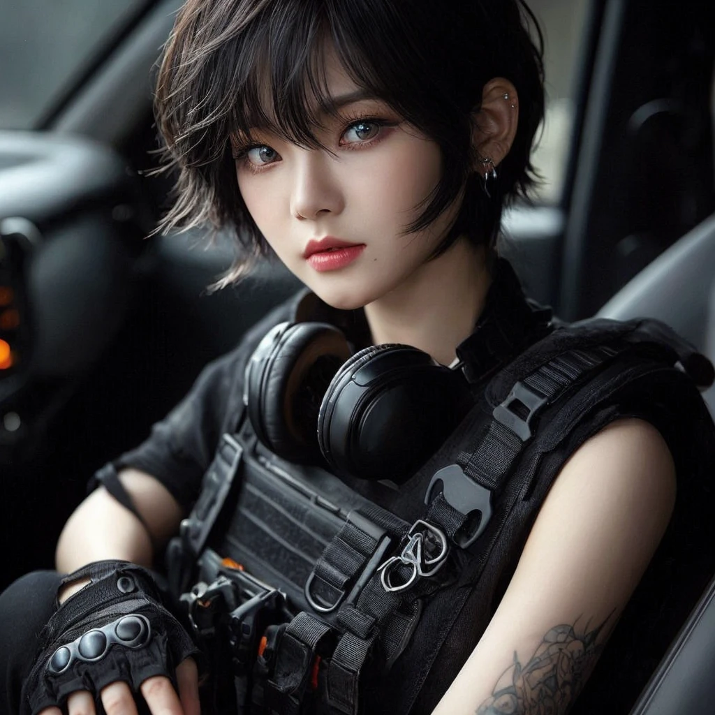 A close-up of a woman with black hair, karina from aespa, Retrato de karina from aespa, karina from aespa, karina from aespa, South Korean popular makeup, karina from aespa, Retrato de karina from aespa, Pastel pink skin tone, karina from aespa, popular korean makeup.