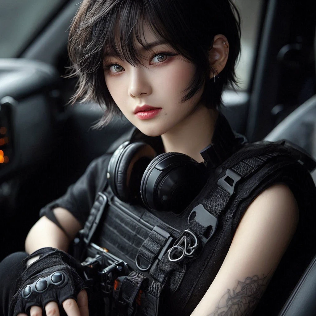 A close-up of a woman with black hair, karina from aespa, Retrato de karina from aespa, karina from aespa, karina from aespa, South Korean popular makeup, karina from aespa, Retrato de karina from aespa, Pastel pink skin tone, karina from aespa, popular korean makeup.