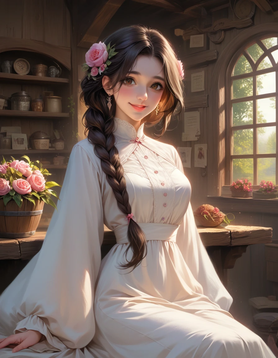 a beautiful female flower shop owner with long dark brown hair in a loose braid, smile ☺ 🌹 wearing a brown and white long dress, sitting on a chair surrounded by flower bouquets in a cozy, cottage-like fantasy room, (best quality,4k,8k,highres,masterpiece:1.2),ultra-detailed,(realistic,photorealistic,photo-realistic:1.37),extremely detailed eyes and face,beautiful detailed eyes,beautiful detailed lips,longeyelashes,intricate details,soft lighting,warm color tones,cinematic lighting,whimsical,magical,dreamlike
