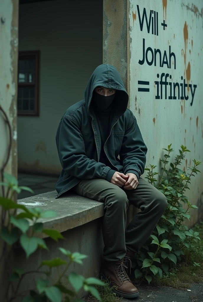 Draw me a young man dressed in warcore , with deep green eyes that tend towards blue and gray, the face hidden by a mask and a hood, he is sitting on the edge of an abandoned building where vegetation is reclaiming its rights, on the building it says Will + Jonah = infinity