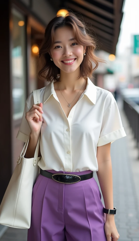 Tabletop、Highest quality、Genuine、Very detailed、finely、High resolution、8k wallpaper、One beautiful woman、light brown disheveled hair、Sharp focus、Perfect dynamic composition、Beautiful and detailed、Thinning hair、詳細なGenuineな肌の質感、smile、Close-up portrait、Model body type、smile、29-year-old Japanese woman、White short-sleeved buttoned blouse with collar、Purple long skirt、Black shiny enamel belt、necklace,White Tote Bag,Straight Long Hair, Center of chest, Natural color lip, Random sexy poses,In front of a cafe near Tokyo Station,Front image、The whole body is shown from head to foot,Anatomically correct body,