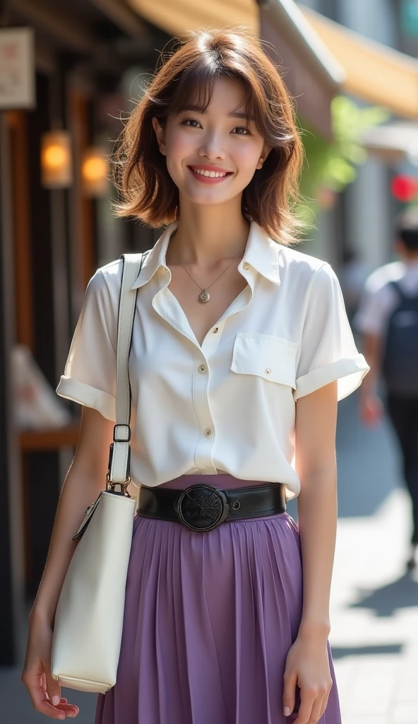 Tabletop、Highest quality、Genuine、Very detailed、finely、High resolution、8k wallpaper、One beautiful woman、light brown disheveled hair、Sharp focus、Perfect dynamic composition、Beautiful and detailed、Thinning hair、詳細なGenuineな肌の質感、smile、Close-up portrait、Model body type、smile、29-year-old Japanese woman、White short-sleeved buttoned blouse with collar、Purple long skirt、Black shiny enamel belt、necklace,White Tote Bag,Straight Long Hair, Center of chest, Natural color lip, Random sexy poses,In front of a cafe near Tokyo Station,Front image、The whole body is shown from head to foot,Anatomically correct body,