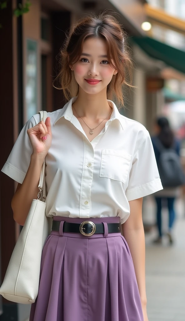 Tabletop、Highest quality、Genuine、Very detailed、finely、High resolution、8k wallpaper、One beautiful woman、light brown disheveled hair、Sharp focus、Perfect dynamic composition、Beautiful and detailed、Thinning hair、詳細なGenuineな肌の質感、smile、Close-up portrait、Model body type、smile、29-year-old Japanese woman、White short-sleeved buttoned blouse with collar、Purple long skirt、Black shiny enamel belt、necklace,White Tote Bag,Straight Long Hair, Center of chest, Natural color lip, Random sexy poses,In front of a cafe near Tokyo Station,Front image、The whole body is shown from head to foot,Anatomically correct body,