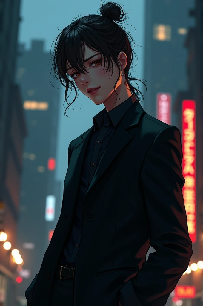 A slender man in his 30s, with shoulder-length brown hair tied in a bun, stands against the backdrop of a city at night. He has brown, droopy eyes with a beauty mark under one eye, a frivolous smile on his androgynous face, and a seductive sidelong glance.