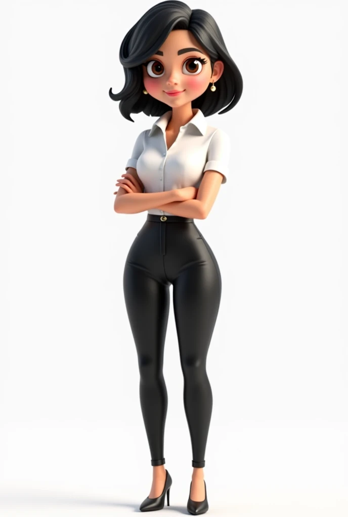 Cartoon 3d, adult woman, shoulder-length black hair, round brown eyes,
white dress shirt and black dress pants, high heels, transparent background