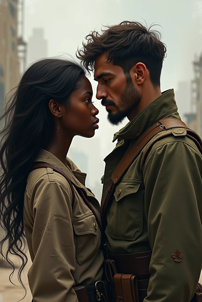 Create a story poster of a black girl with long hair and in clothing with a white Caucasian man with a worn out soldier uniform