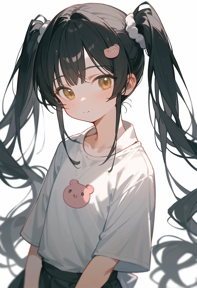 One girl、cute、Black Hair、Long Hair、Twin tails、Straight Hair、Idol&#39;s neat bangs、black eye、Mouth open、Double teeth、Sitting、Black collar with golden bell、White long sleeve dress shirt、Black maid outfit、skirt、Cat Pose、Black cat ears and cat tail、White background