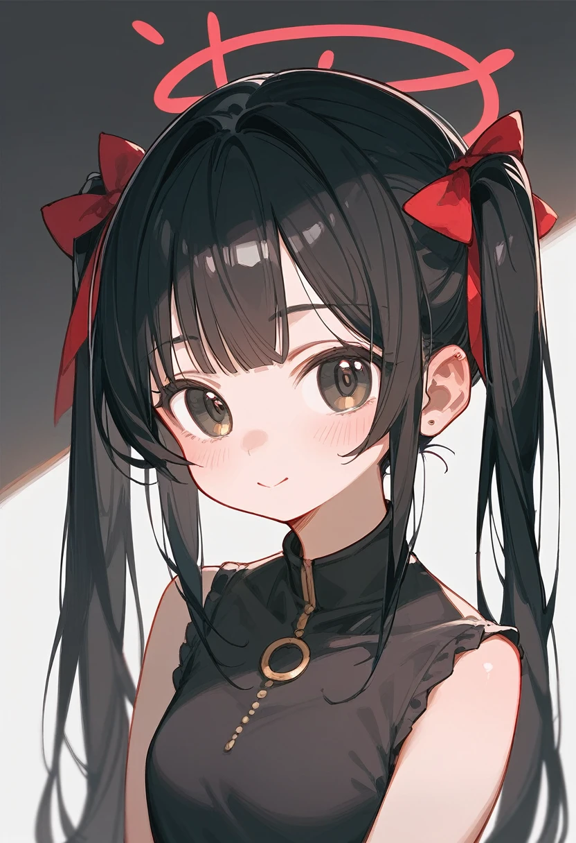 One girl、cute、Black Hair、Long Hair、Twin tails、Straight Hair、Idol's neat bangs、black eye、Mouth open、Double teeth、Sitting、Black collar with golden bell、White long sleeve dress shirt、Black maid outfit、skirt、Cat Pose、Black cat ears and cat tail、White background