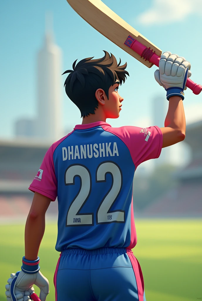 A 21 years boy hands up with cricket bat in his one
hand other hand is up
the ground and wearing a blue and pink
t shirt
and back side number is 22 and back side Name is Dhanushka