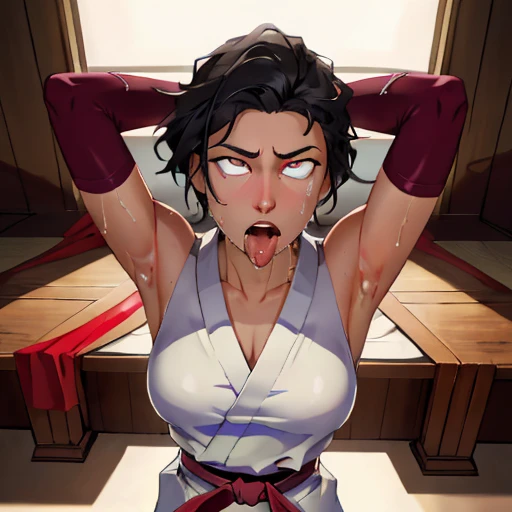 ((((masterpiece, best quality, high resolution)))), Extremely detailed 8K, 1 female, wearing a white Karate gi, (ahegao),white eyes, Small breasts, sash, japanese clothes,  No underwear,No eyeballs, Facing the audience, looking at the audience, tired, from below, (Exposed armpit:1.1), ((armpit:1.2)), sexy, Sweating, More and more sweat,(ahegao), (Roll your eyes),  open mouth, Sticking out tongue, saliva, Slobber,Skinny, raise arms, (arms above head:1.5)(Ultra HD, Ultra-detailed, Highly detailed, Highly realistic, Ultra-realistic, photograph realistic), (1girl:1.5), (Realistic black hair), (dynamic poses), facing at camera, looking at viewer, (slightly serious face), (perky breasts:1.2), (beautiful detailed face, beautiful detailed eyes), ((worn out karate gi)), (preparing for a fight), sweat, glow, (sunbeam, sunlight), ((cowboy shot)), inside a training gym, seductive, EnvyBetterHands LoCon,