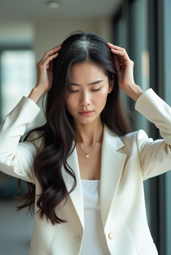 Create an Asian long-haired beauty,Wearing white business attire,Scratching the scalp with both hands,There is a lot of dandruff on the top of the head,White fine dandruff on the top of the head,The expression is unhappy,The characters are realistic and realistic,Office Background,9:16 frames,Ultra-high-definition picture quality